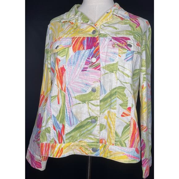 Chico's women button up jacket floral tropical Hawaii long sleeve linen blend 3 - Picture 10 of 11